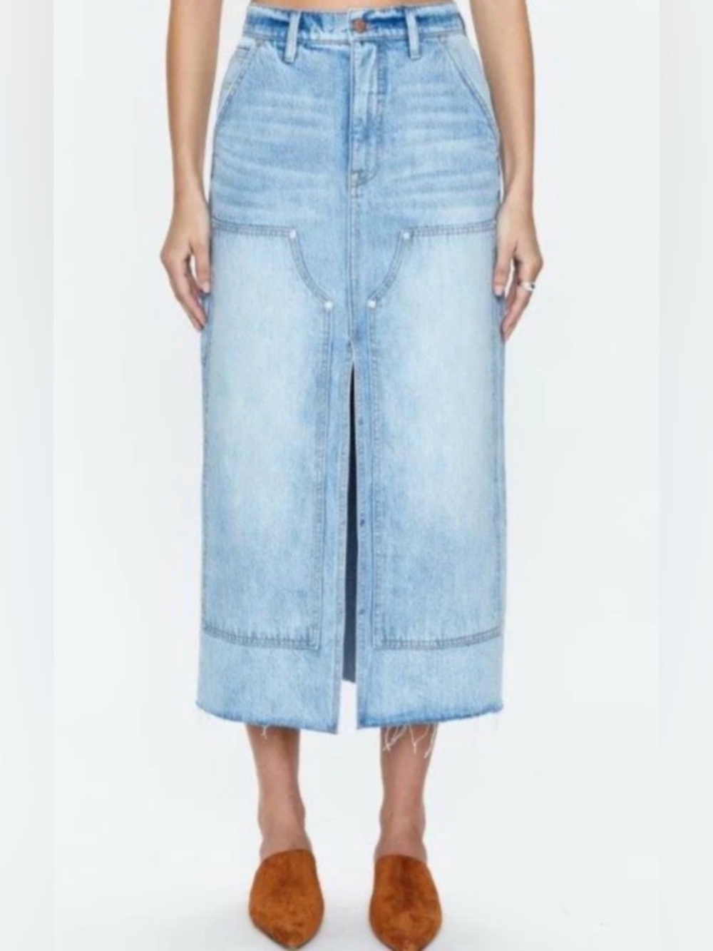 Pistola Alice Workwear carpenter High Rise Midi Denim skirt NWT Size 26 - Picture 2 of 12